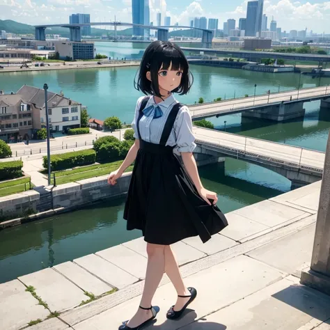 (masterpiece,newest,exceptional:1.2), anime,1girl,bangs,black_hair, beautiful 8k eyes,blue_sky,bridge,building,castle,city,citys...