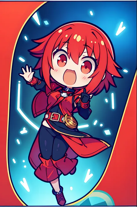 1girl, red hair, red eyes, magic tunic, medium breast, surprised face