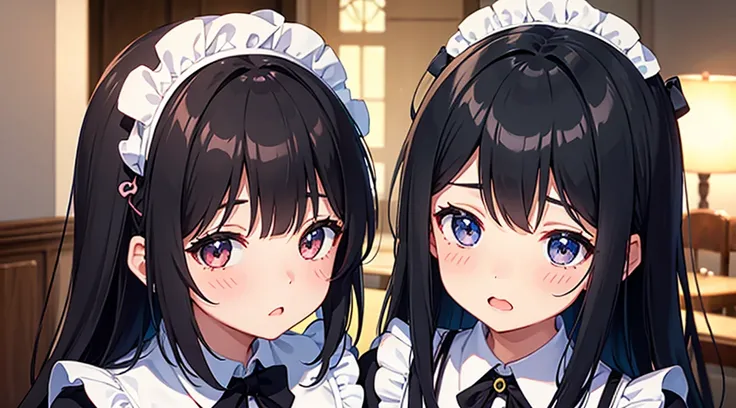 face, a girl being hugged by two girls, black hair, maid, blush, cute, kawaii