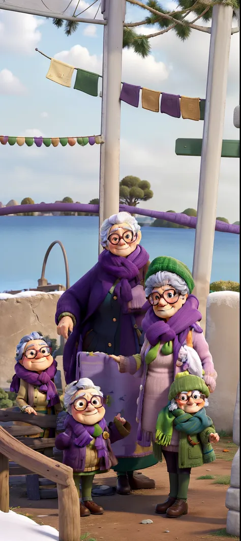 masterpiece, best quality, an old woman with glasses and a scarf on, wearing a purple coat and green scarf, standing at the park