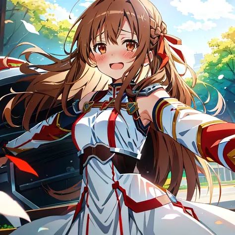 masterpiece, best quality, asuna (sao), 1girl, armor, bare shoulders, blush, breastplate, brown eyes, brown hair, dress, knights of blood uniform (sao), lambent light, long hair, looking at viewer, red ribbon, ribbon, sheath, very long hair white armor, wh...