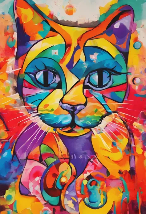 grafismo, diverse and playful geometric figures, Rainbow, romero britto, salvador dali, A domestic feline animal with thought running through his fingers and the confusion of memory ((fundo branco e preto)), face do gato, o rabo do gato, contrastes exacerb...