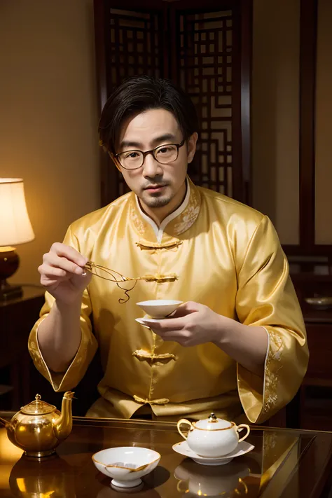 There is a man standing at the tea table with a Chinese teacup,The man was 35 years old，Wear gold wire glasses，Wear a Tang costume，Real Human，k hd