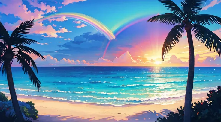 watercolor, rainbow sky, moon, beach, palm tree