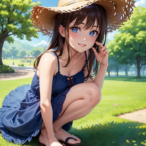 a woman, blue eyes, flower shaped pupils, brown hair, at the park, sunny day, blue sundress, RAW, UHD, 8K, highly detailed face, stunning eyes, full body, sandals, straw hat, happy, smile, amazing scenery