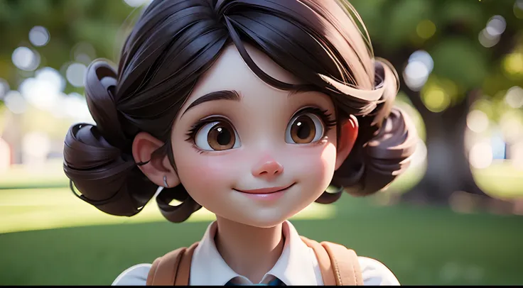 A close-up view of a cute young curly-haired schoolgirl standing with a smile, Background is full of trees, flor, dia, Estilo 3D Pixar, alta resolução