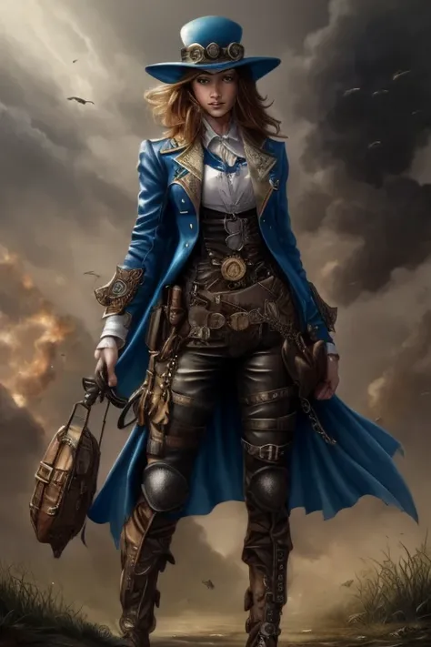 Arte em cores estilo Alex Horley, General Athletic Lined Woman Steampunk, trajando farda Azul, Dynamic shouting orders, Steampunk war scenario, Ultra HD images definition 3840x2160.