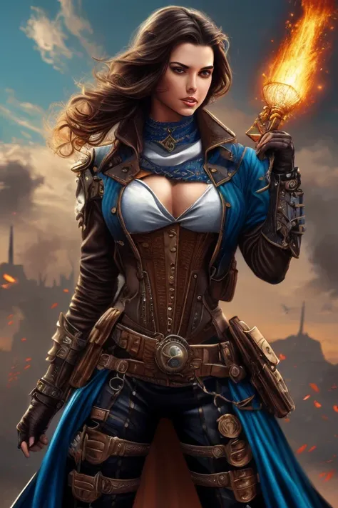 Arte em cores estilo Alex Horley, General Athletic Lined Woman Steampunk, trajando farda Azul, Dynamic shouting orders, Steampunk war scenario, Ultra HD images definition 3840x2160.