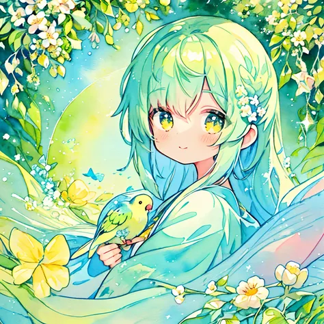 （Rippled parakeet、Fairy girl surrounded by Herelis flowers 、Beautiful feathers that sparkle on the back、The background is a world in a sparkling picture book、A smile）、1girl in、（PastelColors:1.2)、(Cute illustration:1.2)、(watercolor paiting:1.2)、Yellow-green...