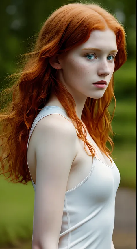 1girl in, age13, Solo, Aesthetic artwork, irish  redhead, wavy ginger hair, shoulder length ginger hair, some small freckles, pale skin, small breasts, runners body, fullbody shot, imperfect skin, goosebumps, teenager fashion, beautiful nature location, ar...