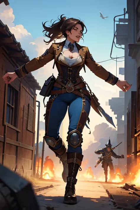 Arte em cores estilo Alex Horley, General Athletic Lined Woman Steampunk, trajando farda Azul, Dynamic shouting orders, Steampunk war scenario, Ultra HD images definition 3840x2160.