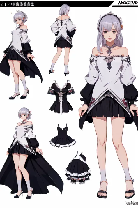 ((masutepiece)), (Highest Quality))), (CharacterDesignSheet, National Costume, Same character, front, Side, Back), Illustration, 1 girl, Full body, Silver hair, Eye hair, Beautiful eyes, Princess Cut, environment change scene, Short skirt, Shyness, Woman, ...