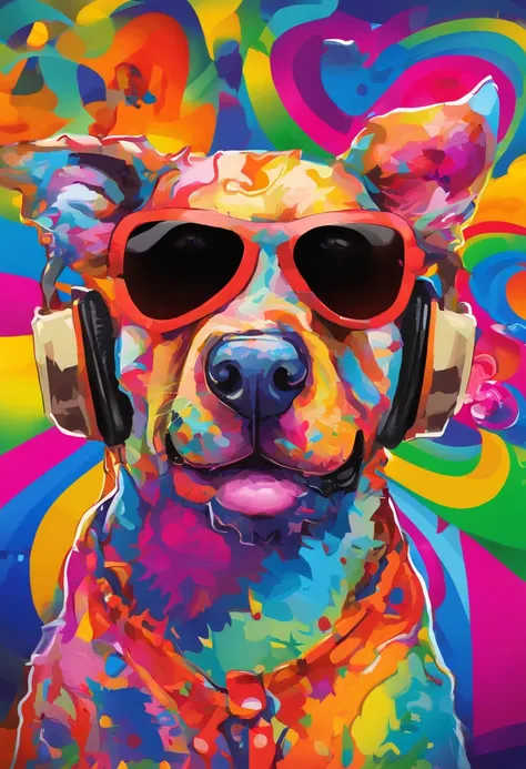 grafismo, diverse and playful geometric figures, Rainbow, romero britto, salvador dali, one dog, A domestic canine animal in sunglasses and DJ headphones and with the thought running through his fingers and the confusion of memory ((fundo branco e preto)),...