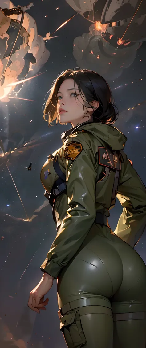 (masutepiece, top-quality, 8K), (1girl in, perfectly proportions, Beautiful face, Big ass:1.3), (Woman in an olive pilot suit looking up at the sky:1.3), (A huge meteorite rains down in the night sky:1.6), Wet body, Short-cut black hair, Have a helmet, The...