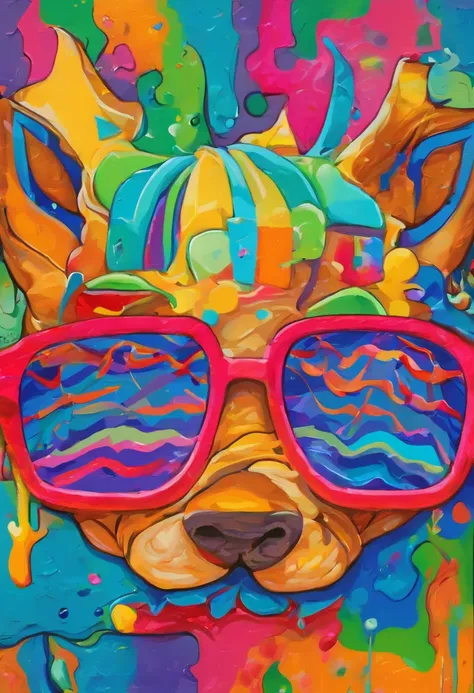 grafismo, diverse and playful geometric figures, Rainbow, romero britto, salvador dali, um burro, A domestic donkey pack animal with sunglasses and DJ headphones and with the thought running through his fingers and the confusion of memory ((fundo branco e ...