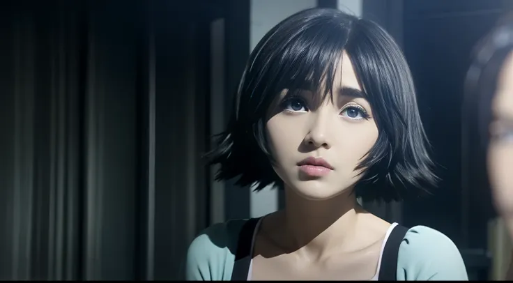 Mayuri Shiina, solo, beauty, extremely beautiful face,  short hair, light blue dress