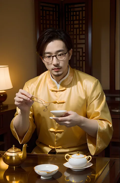 There was a man standing at the tea table，Holding a Chinese-style gaiwan in his hand，The man was 35 years old at the time，Wear gold wire glasses，Wear a Tang costume，Real Human，Realiy，k hd，The eyes are as tender as water