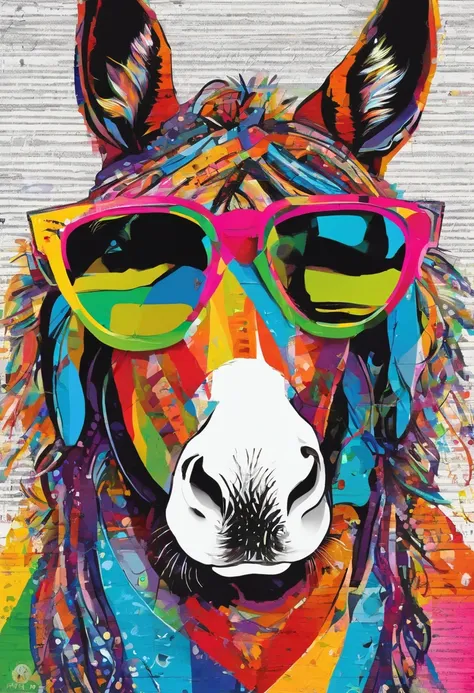 grafismo, diverse and playful geometric figures, Rainbow, romero britto, salvador dali, um burro, A domestic donkey pack animal with sunglasses and DJ headphones and with the thought running through his fingers and the confusion of memory ((fundo branco e ...