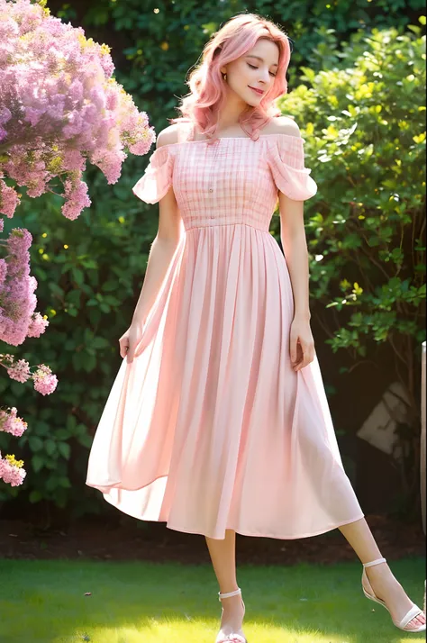 Please create a high-resolution digital image featuring a woman with pink hair styled in an elegant manner that accentuates her uniqueness. She is wearing an A-line dress made of lightweight, flowing fabric with a pink and white checkered pattern. Her make...