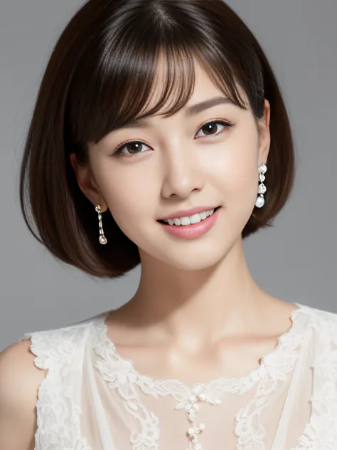 Beautiful 25yo woman。She wore a lace short-sleeved chiffon blouse with snow-white balloon sleeves、Wearing a short sleeve dress with a square cut of white lace。kindly smile、Show your teeth a little。Smile、Her hair is、Short Bob Hair Straight、(Voluminous short...