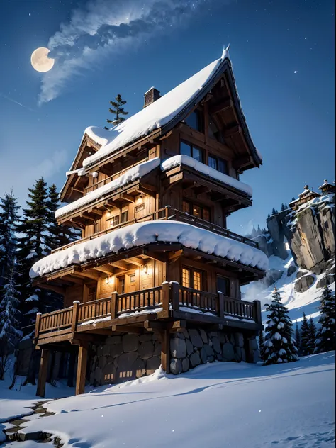 Masterpiece、top-quality、ultra-realistic realism、Photorealsitic、craggy mountains々A mountain that towers into the sky，The snow is steep, Illuminated by the Moon, In a chalet on the side of a cliff，Look up from the open-air bath々、Rising steam、