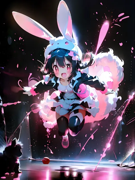 Pitch black background,Pink fluffy rabbit-like creature,Run around energetically,Have fun bouncing around,lapin