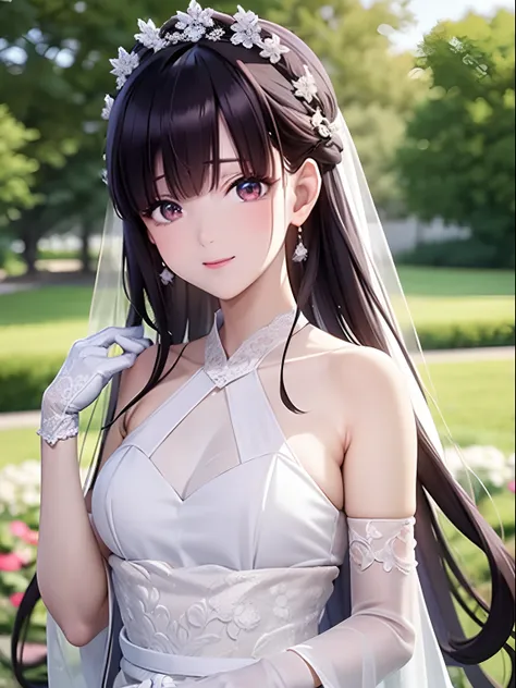 masuter piece, Best Quality, 超A high resolution, top-quality, Anime style, My happy marriage, Saimori Mercer, Beautiful woman in white wedding dress, Black-purple hair, Longhaire, Beautiful wedding dresses in white, Beautiful light makeup, Upstyle, Keeping...