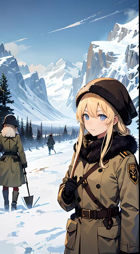 trench warfare, WW1, {{2 girls}}, blond, in snow mountain, fjord, ushanka, winter coat, BDU, 1 girl holding civil engineering shovel, (best quality, perfect quality), high resolution, looking afar