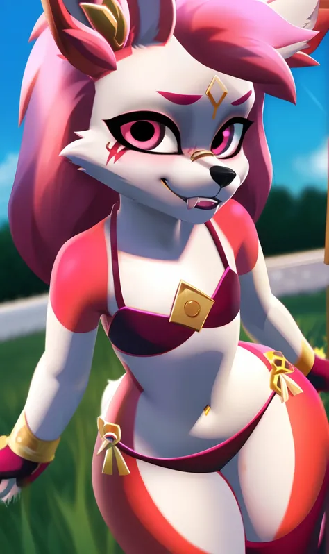 Kimiko, pink hair, pink eyes, looking at viewer, furry, furry female, excited, fangs, two-tone fur, animal ears, fox ears, white fur, face scar, band aid on cheek, black and pink lips, gold symbol on forehead, facial mark, masterpiece, best quality, insane...