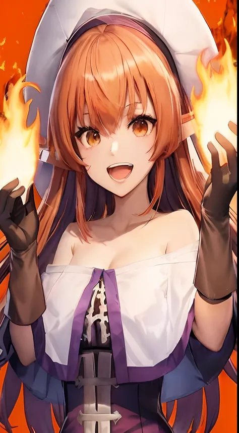 anime girl with a hat and gloves holding a book, ayaka genshin impact, ayaka game genshin impact, casting fire spell, flirty anime witch casting magic, fire mage, she has fire powers, flame conjuring, flame spell, holy flame spell, fire spell, demon anime ...