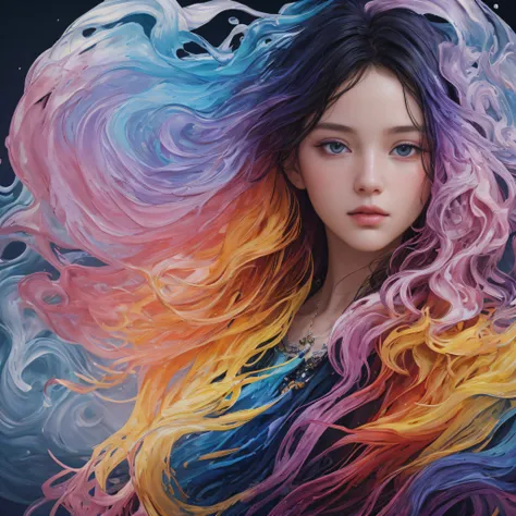 Colorful beautiful girl: a giru 8-years old, messy hair, oil painting, nice perfect face with soft skinice perfect face, blue yellow colors, light purple and violet additions, light red additions, intricate detail, splash screen, 8k resolution, masterpiece...