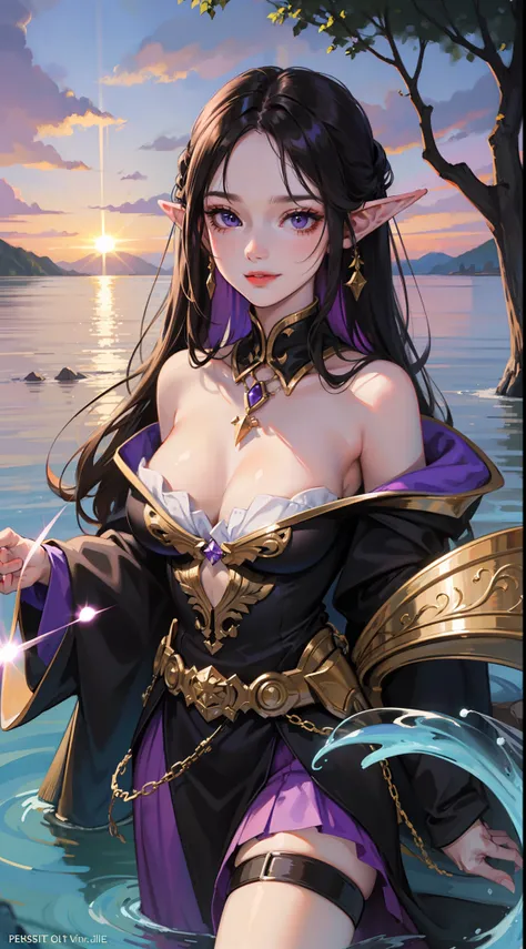 young girl, Long black hair, violet eyes, elf ears, smirk, Purple Sorcerer Form, Gold Elements, water magic, Masterpiece, hiquality, 4k, HD, Good detail