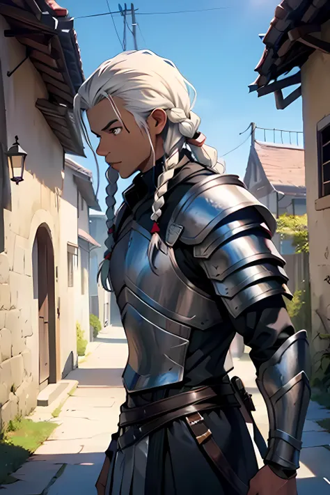 fantasy, a black man, white braided hair, black assassin armor, in a village