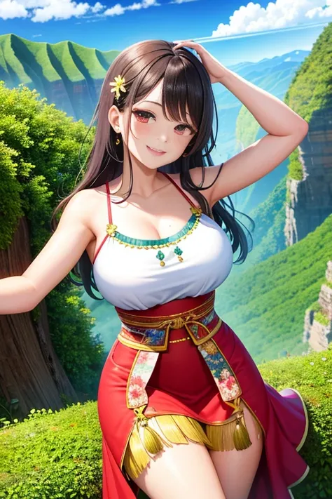 ultra - detailed，tmasterpiece，HighestQuali，love letter，angle of view，Blushlush，yazawa nico,Red eyes, Chinese dress,Red face,Blunt hair,Curvy body, on ground, Defeated , Bare with thighs，Smile，Raised sexy，In the foreground of graphic art、Kauai has women per...