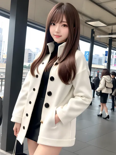 mastepiece, 1 girl per 1 photo, cowboy shot, front view, a Japanese young pretty girl, long bob hair, standing on a platform in a big station with a big smile in the city, white jacket over a black turtleneck sweater, black miniskirt, a tote bag over her s...