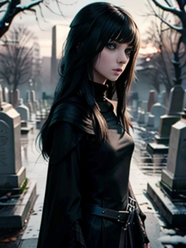 ((emo_hairstyle)), (((Jessica_Faulkner))), pale skin, tight black cloak, grey eyes, dynamic pose, long hair, straight hair, long bob, (((black hair))), white skin, pale, white, cemetery, moonlight, leather turtleneck, snow, long bob hairstyle, swept bangs,...