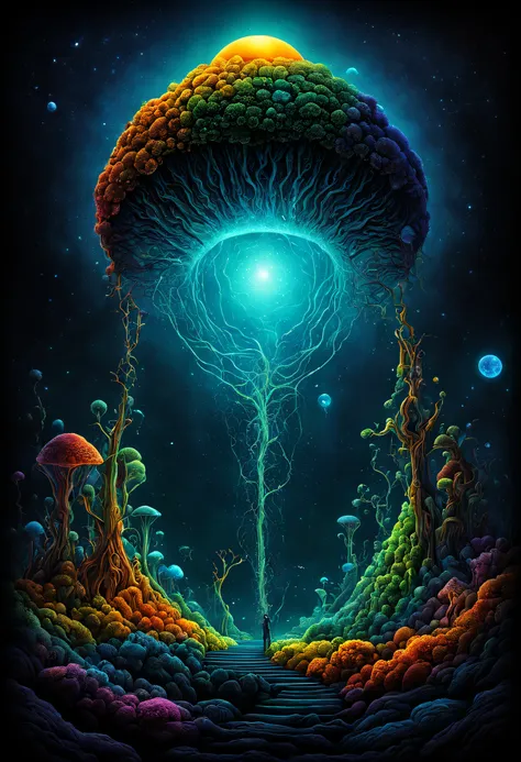 liquid anthill, cosmic, surreal landscapes, vibrant colors, swirling patterns, microscopic details, otherworldly creatures, biol...