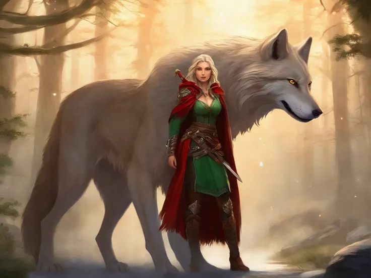 fantasy art, RPG art, Dark fantasy art, ultra wide shot, RAW, photorealistic, a picture of female human ranger and her wolf pet, the ranger, an exquisite beautiful human woman, long blond hair, braided hair, green eyes, wearing leather armor, wearing (red ...