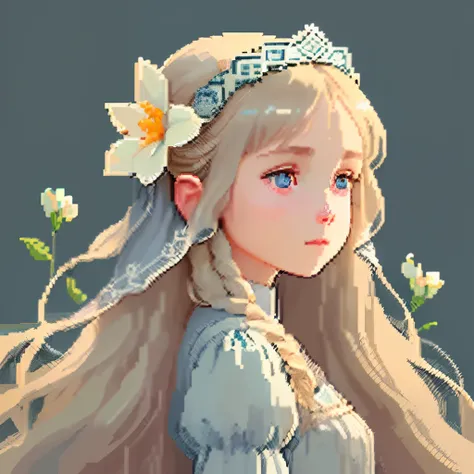 Pale light blue antique dress、Girl with long hair in a dull beige color、Look back and look at this.、Pixel art、Pixel Art Illustration、pixels、Plain background、Upper body、For icons、pixels_Art Book,Composition centered on the face、Straight face、Gothic headdres...