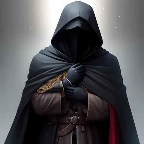 he has a dark hood over his head making it unable to see his face, a long dark cloak and dark gloves.