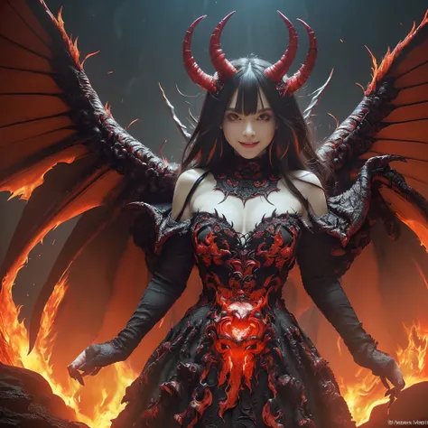 (((masutepiece、top-quality)))、((((eyes glowing red,Glowing red eyes,Glowing red eyes))))、((A very terrifying demon queen,Final form as a complete demon,The Devils Masterpiece,demon king,The most dignified demon,Intricate and solemn dresses,Complex and maje...