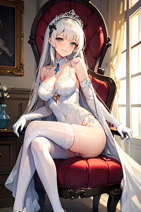 Masterpiece　high-level image quality　White Long Gloves（（blanche）（Long gloves）（detaileds））　white stockings（（blanche）（stockings））　an lingerie　pumps　Sitting on a chair　a smile