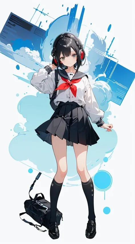 (Top quality illustrations:1.2)、(Cute little girl s:1.0)、(女の子1人:1.0)、(Short black hair:1.0)、(School Uniforms:1.0)、(full body Esbian:1.0)、(ultra-detailliert) 、17 age、If you have headphones、Jumping