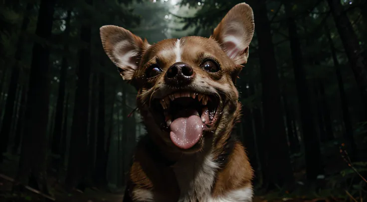 Chihuahua of terror with open mouth and crazy teeth living in the dark woods with fog