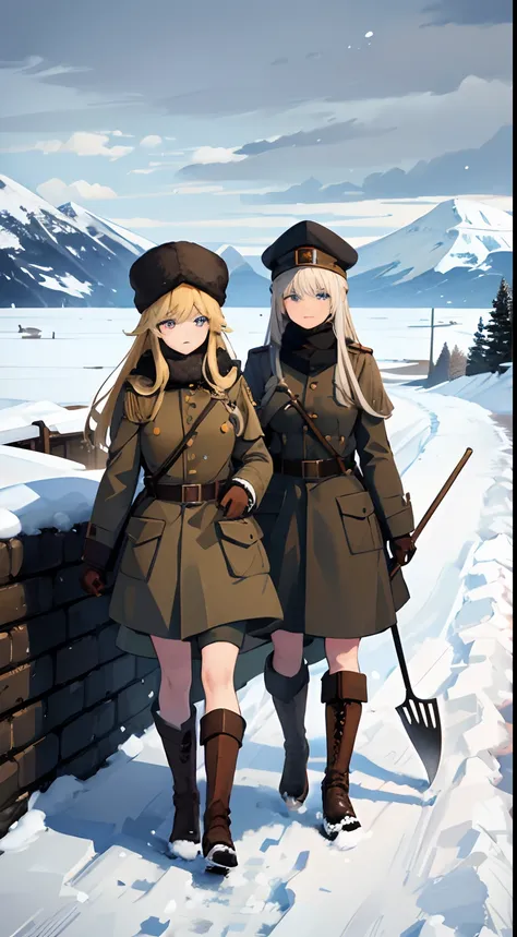 trench warfare, WW1, {{2 girls}}, blond, in snow mountain, fjord, ushanka, winter coat, BDU, 1 girl holding civil engineering shovel, (best quality, perfect quality), high resolution, looking afar