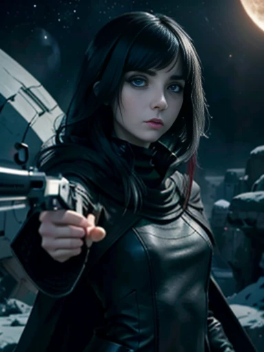 ((emo_hairstyle)), (((Jessica_Faulkner))), tronwear, pale skin, tight black cloak, pale blue eyes, aiming gun, long hair, straight hair, long bob, (((black hair))), white skin, pale, white, spaceship, moon, leather turtleneck, Milky Way Galaxy, pointing at...