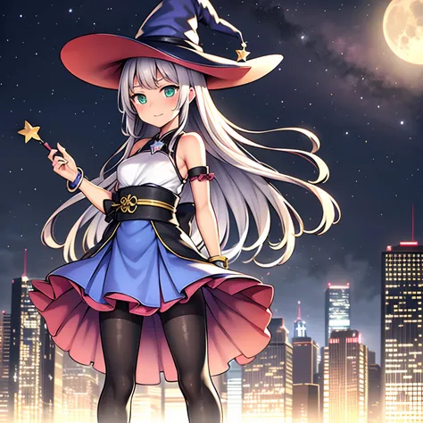 A cute 15 years old japaneese magical girl, drawn in anime style, fantastic, bishojo, jade green eyes, very long yellow hair, small breast, witch hat, a cute blue magical dress with puffy sleeves and star pattern, ribbons, striped black and white pantyhose...