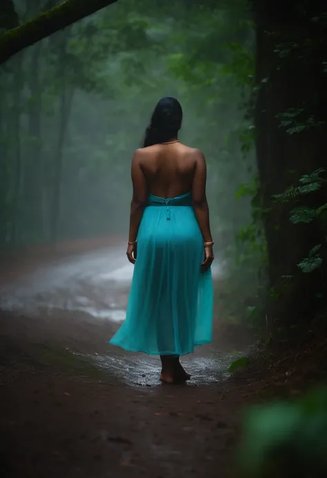 back side photo without face nude. very Long focus. Far away kerala big boobed , curvy girl in skirt standing in heavy rain and fog in forest . Long view sexy view. giving back pose without face. semi nude. Big ass - 8K quality - realistic