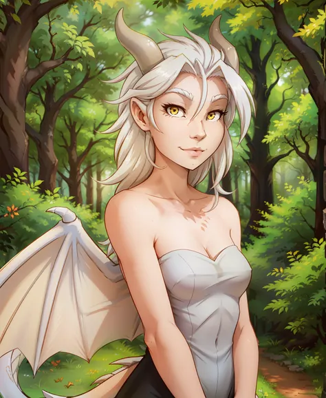 human-nora, twokinds, by tom_fischbach,, (best quality, masterpiece:1), full body ,solo, female human, yellow eyes, white hair, portrait, looking at viewer, horns, scalie, dragon wings, dragon tail, dragon humanoid, (outdoors dark forest trees blurry blurr...