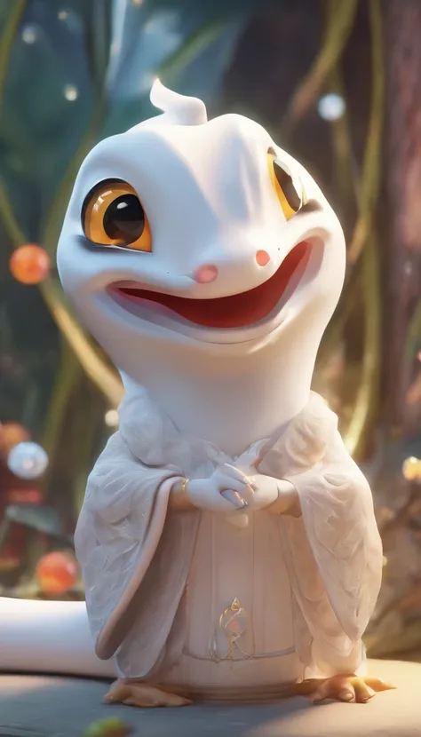 Pixar style super cute anthropomorphic white snake， Hanfu， Charming big eyes, Cute tail, standing, Surreal, Super fine, Luxurious, Graceful standing, Charming big eyes, Cute tail, standing, Surreal, Super detailed, Luxurious, elegant, complex, Gorgeous, il...